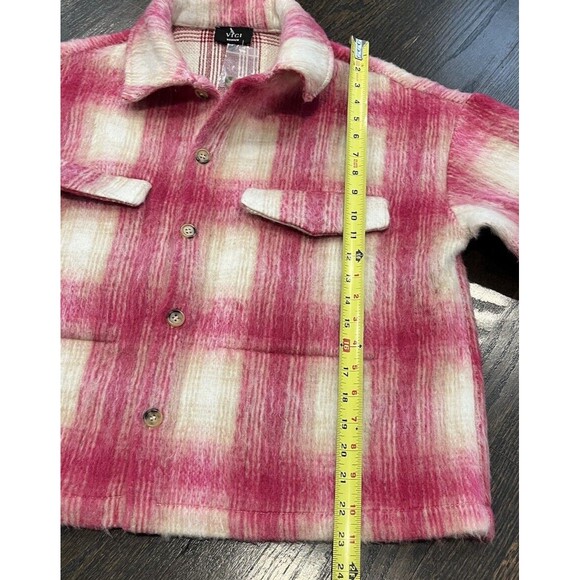VICI Shacket Women’s Medium Harper Pink Plaid Fuzzy Crop Shirt Jacket Button Up - Picture 6 of 7